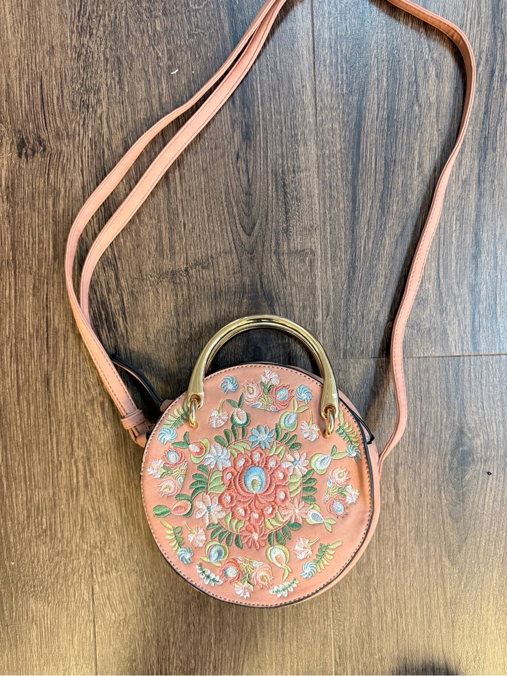 Peach Embroidered Round Mini Crossbody Bag with Gold Handle